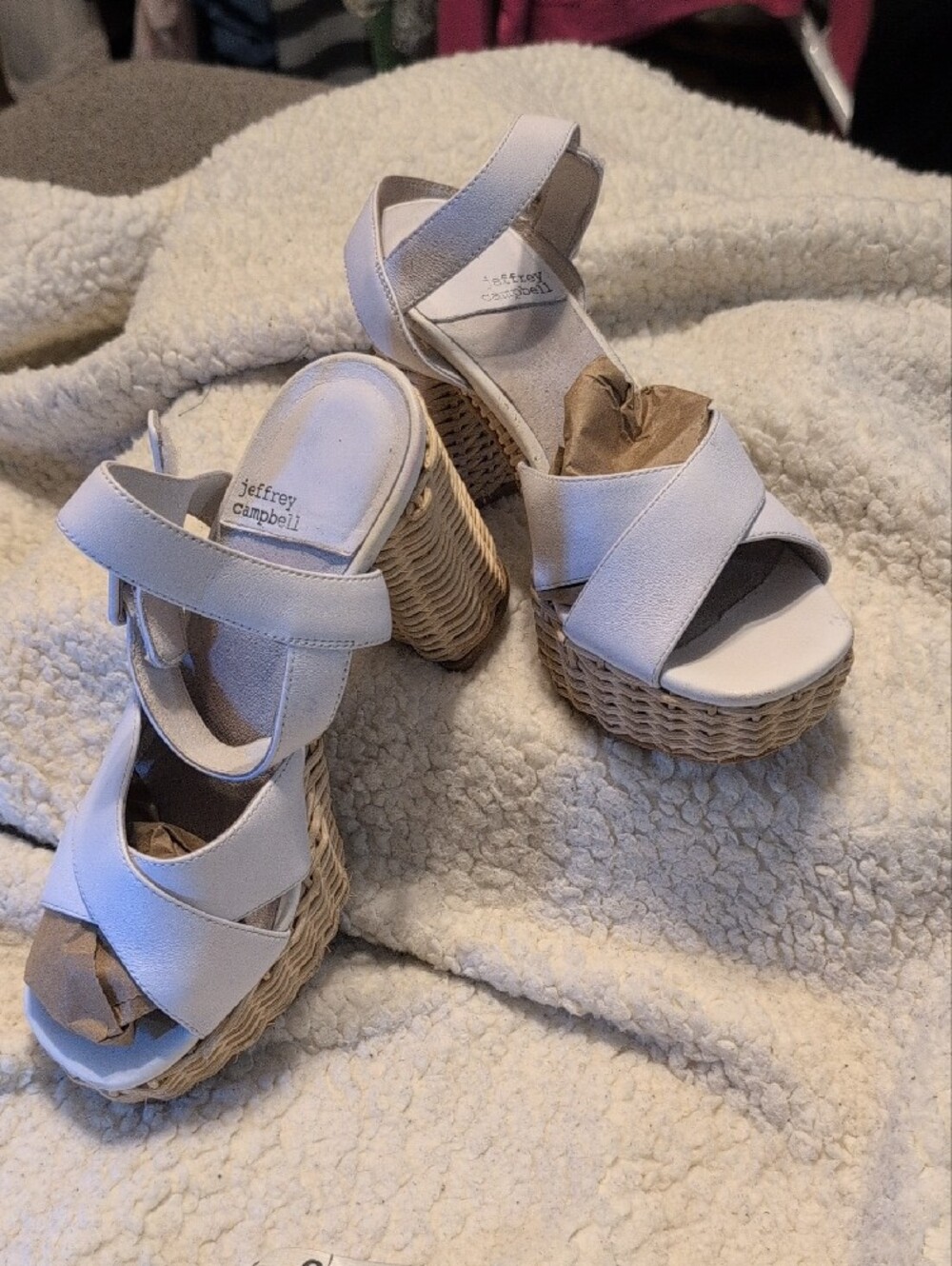 Jeffrey Campbell White Leather Wedge Sandals with Woven Platform - Picture 2 of 16